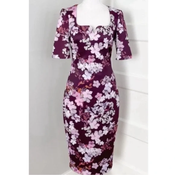 Ted Baker Heike Floral Purple and Pink Midi Square Neck Dress Sz US 6 /Ted Sz 2 - Picture 3 of 6